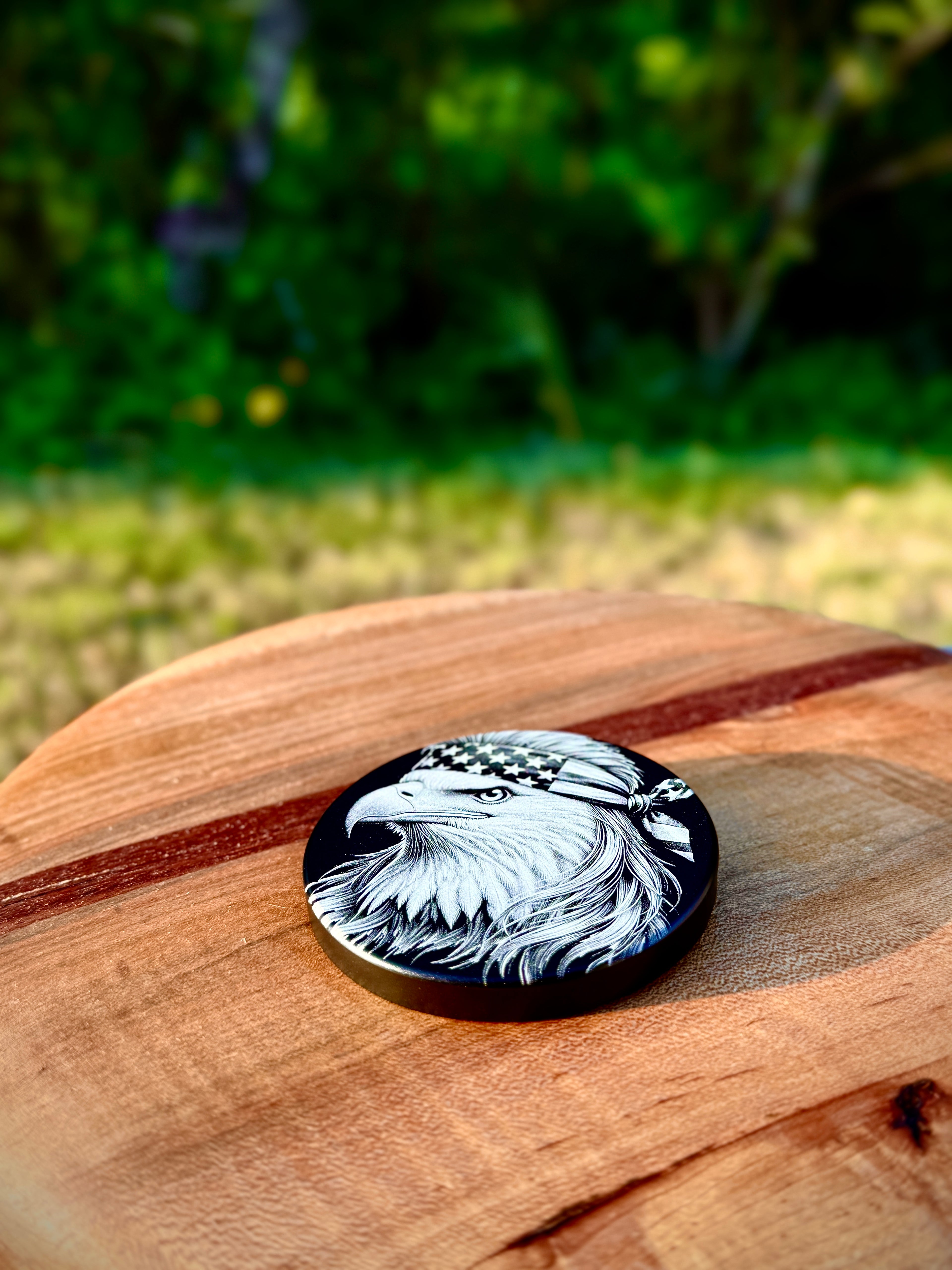 Metal Zyn Can for nicotine pouches with bald eagle with a mullet and American flag bandana engraved design. With integrated bottle opener. 