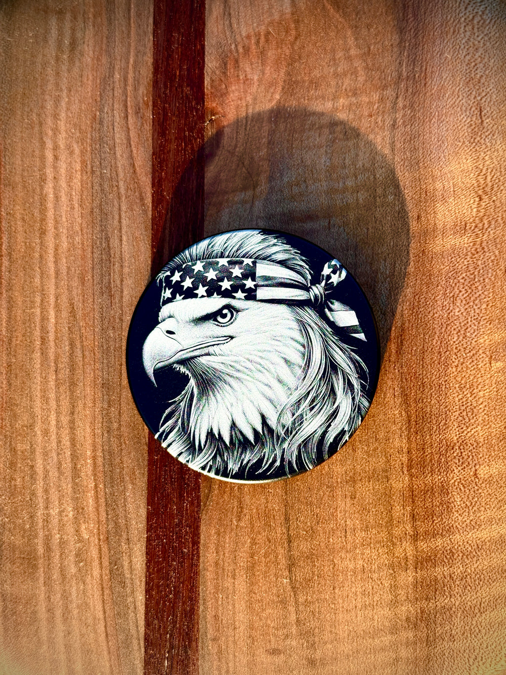 Metal Zyn Can for nicotine pouches with bald eagle with a mullet and American flag bandana engraved design. With integrated bottle opener. 