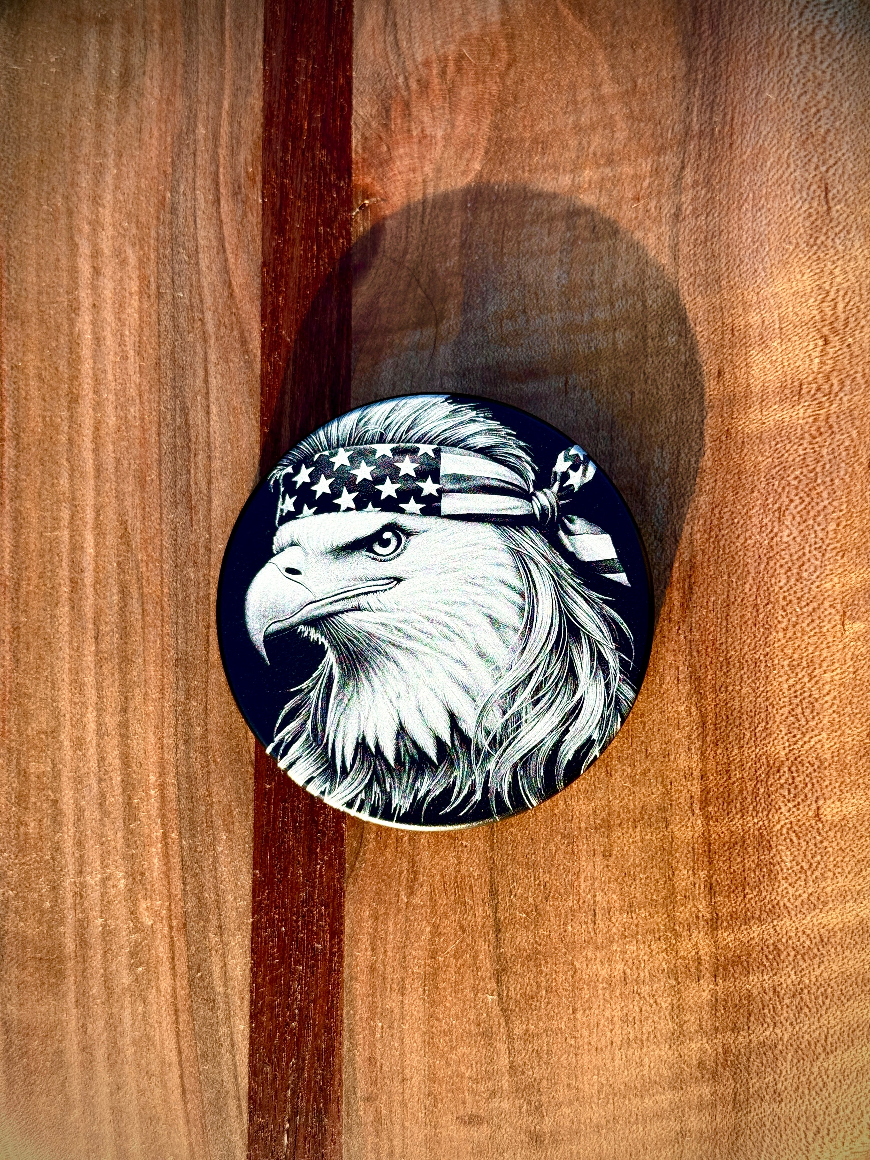 Metal Zyn Can for nicotine pouches with bald eagle with a mullet and American flag bandana engraved design. With integrated bottle opener. 