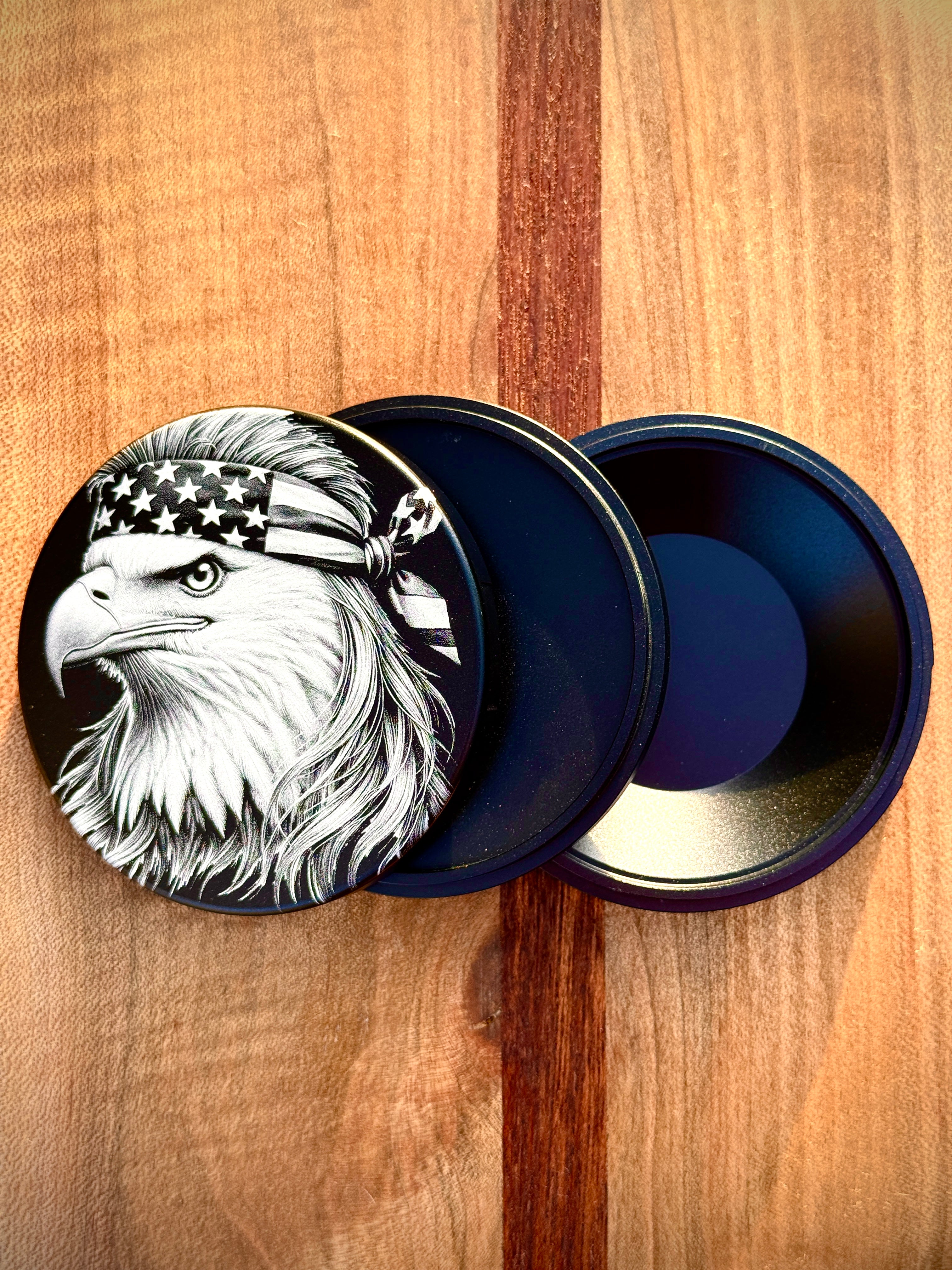 Metal Zyn Can for nicotine pouches with bald eagle with a mullet and American flag bandana engraved design. With integrated bottle opener. 