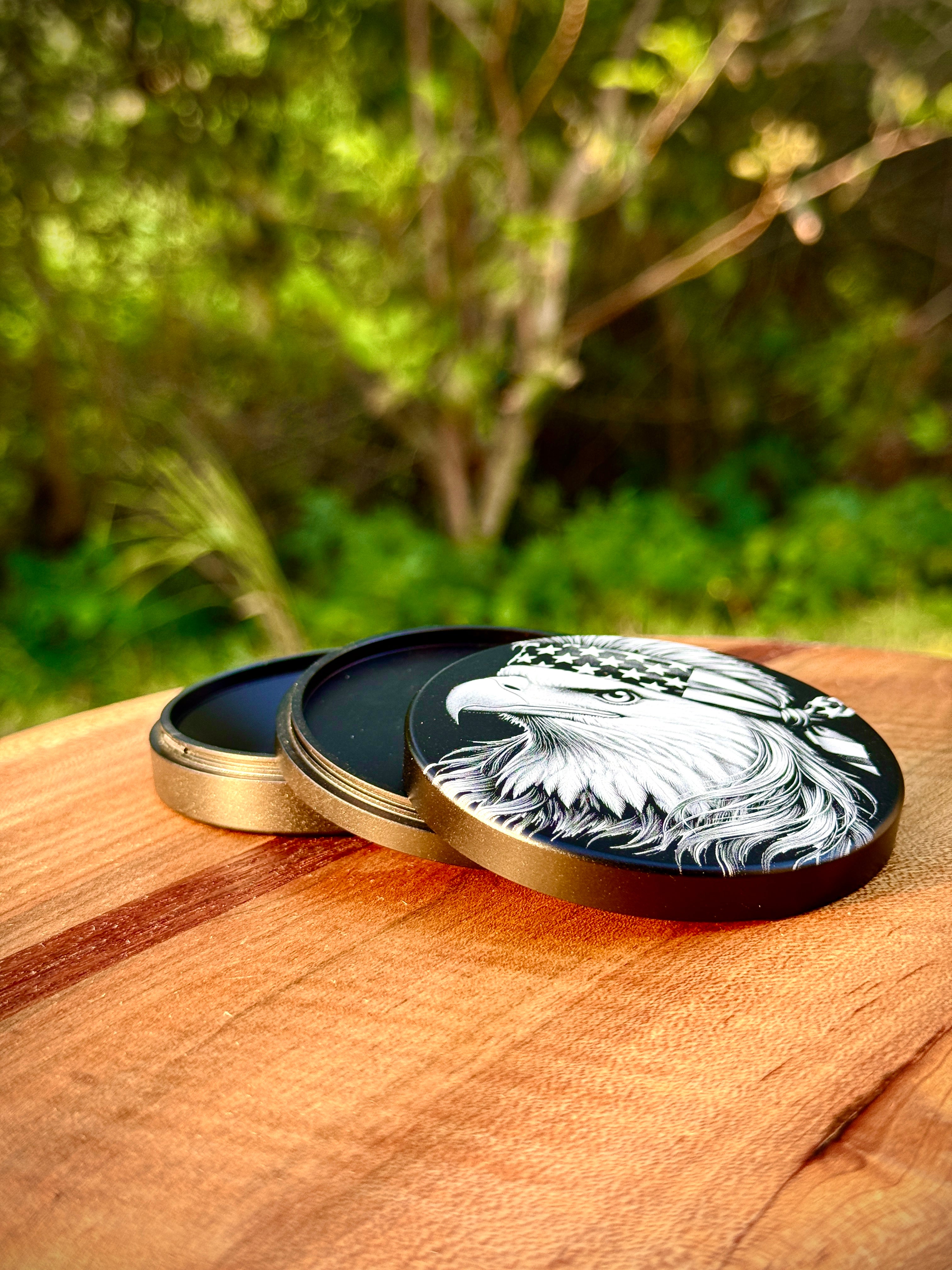 Metal Zyn Can for nicotine pouches with bald eagle with a mullet and American flag bandana engraved design. With integrated bottle opener. 