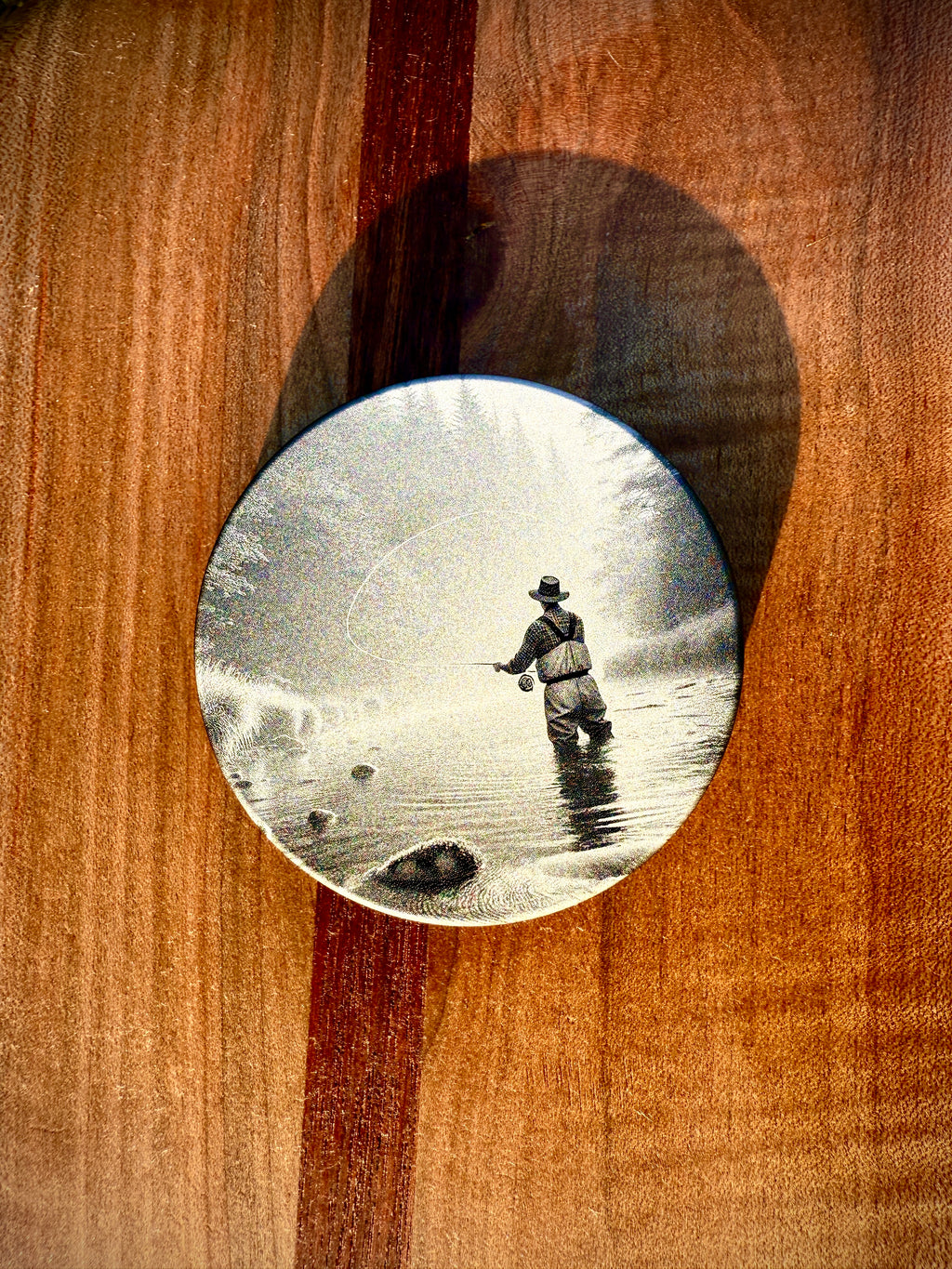 Metal Zyn Can for nicotine pouches with fly fishing engraved design. With integrated bottle opener. 