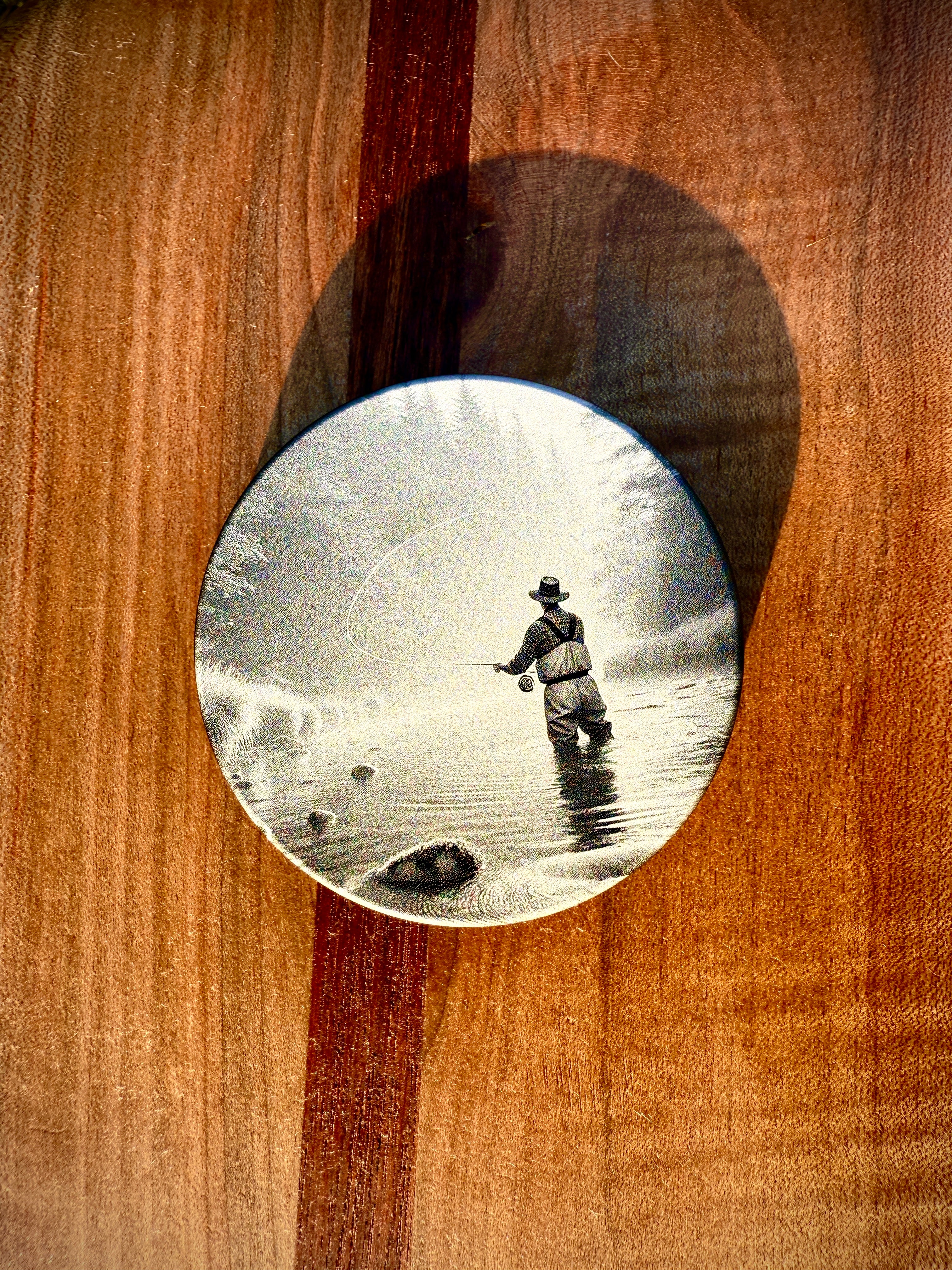 Metal Zyn Can for nicotine pouches with fly fishing engraved design. With integrated bottle opener. 