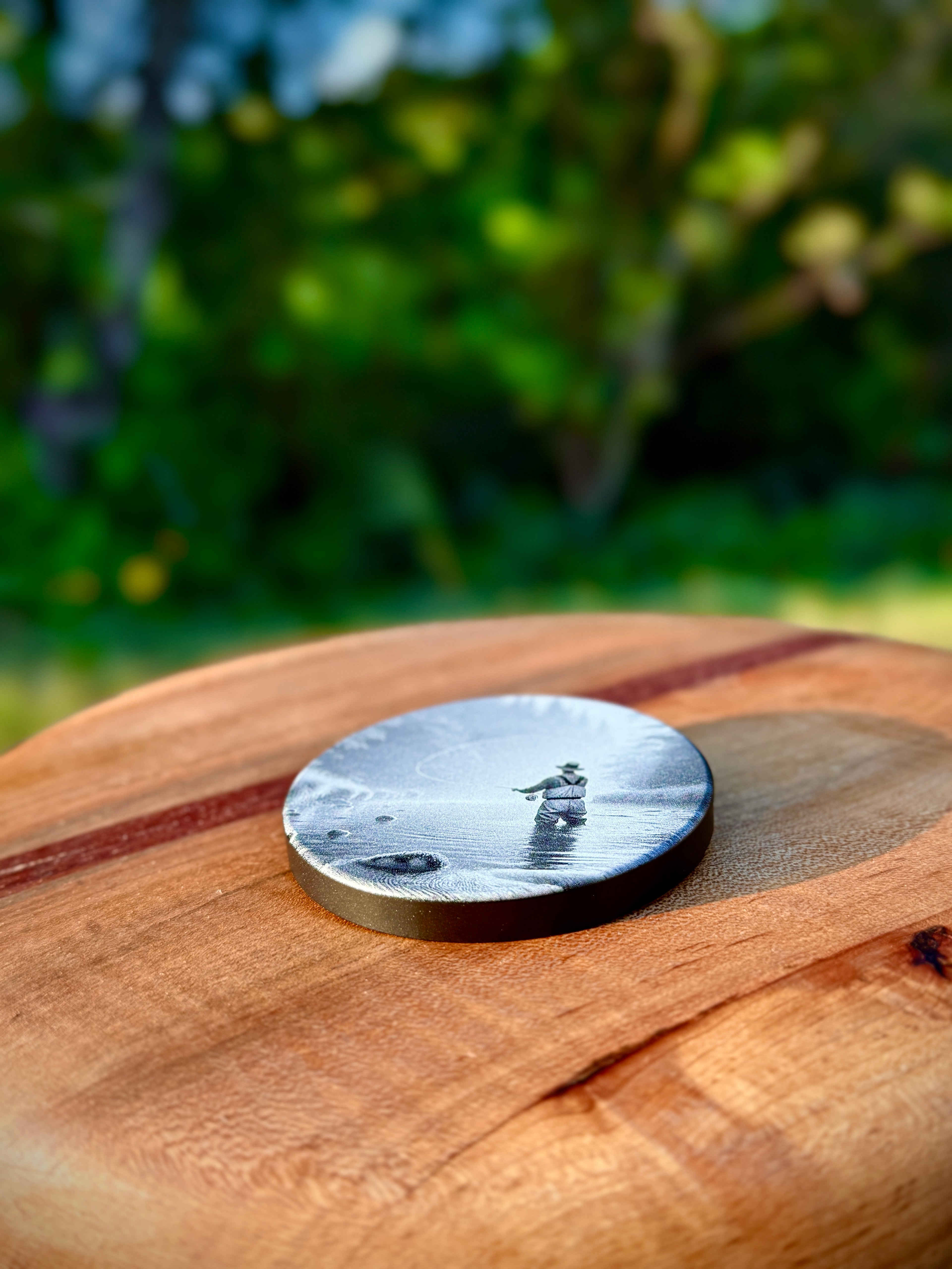 Metal Zyn Can for nicotine pouches with fly fishing engraved design. With integrated bottle opener. 