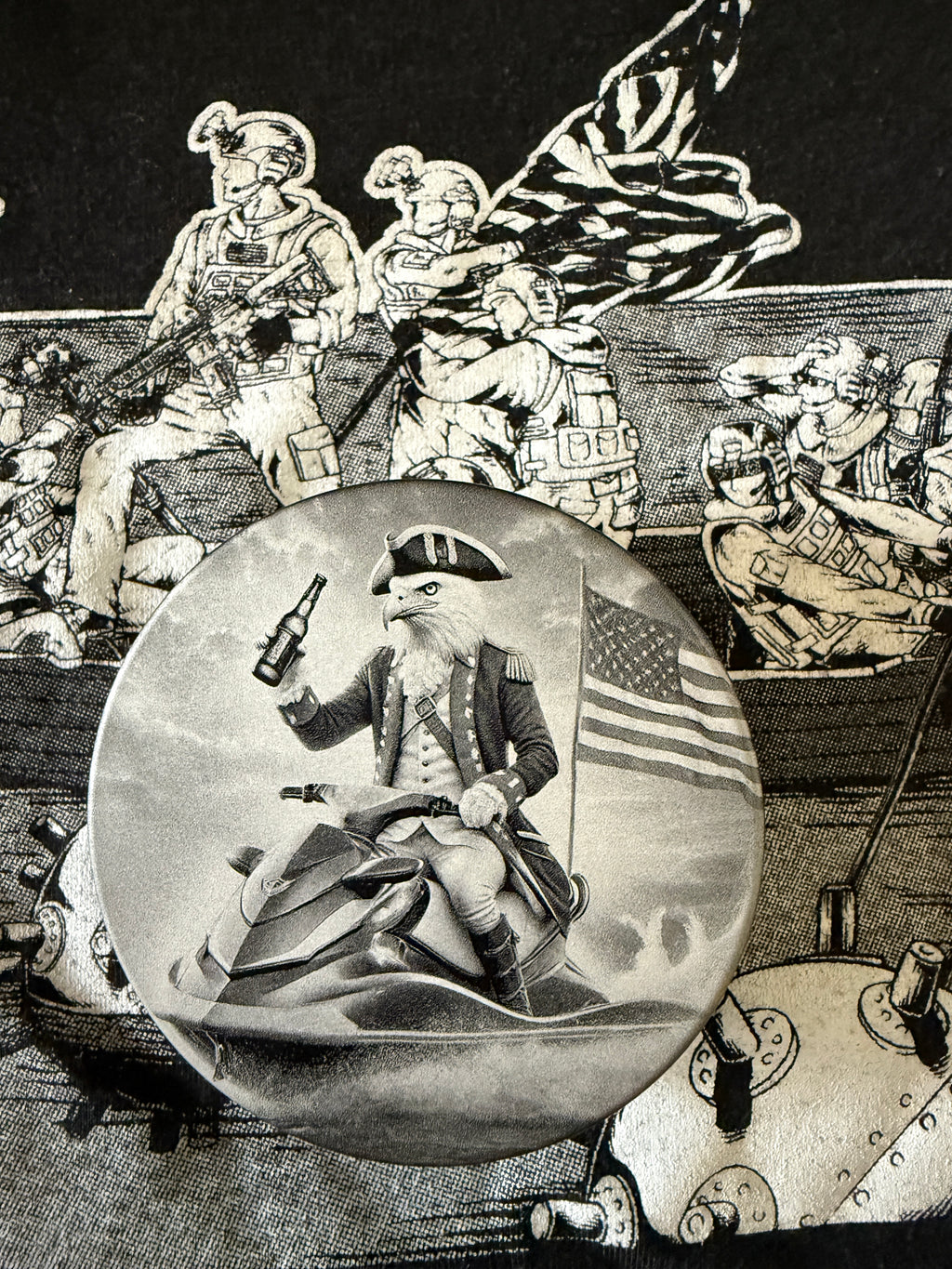 Metal Zyn Can Lid for nicotine pouches with engraved design of a patriotic revolutionary war era eagle riding a jet ski. With integrated bottle opener. 