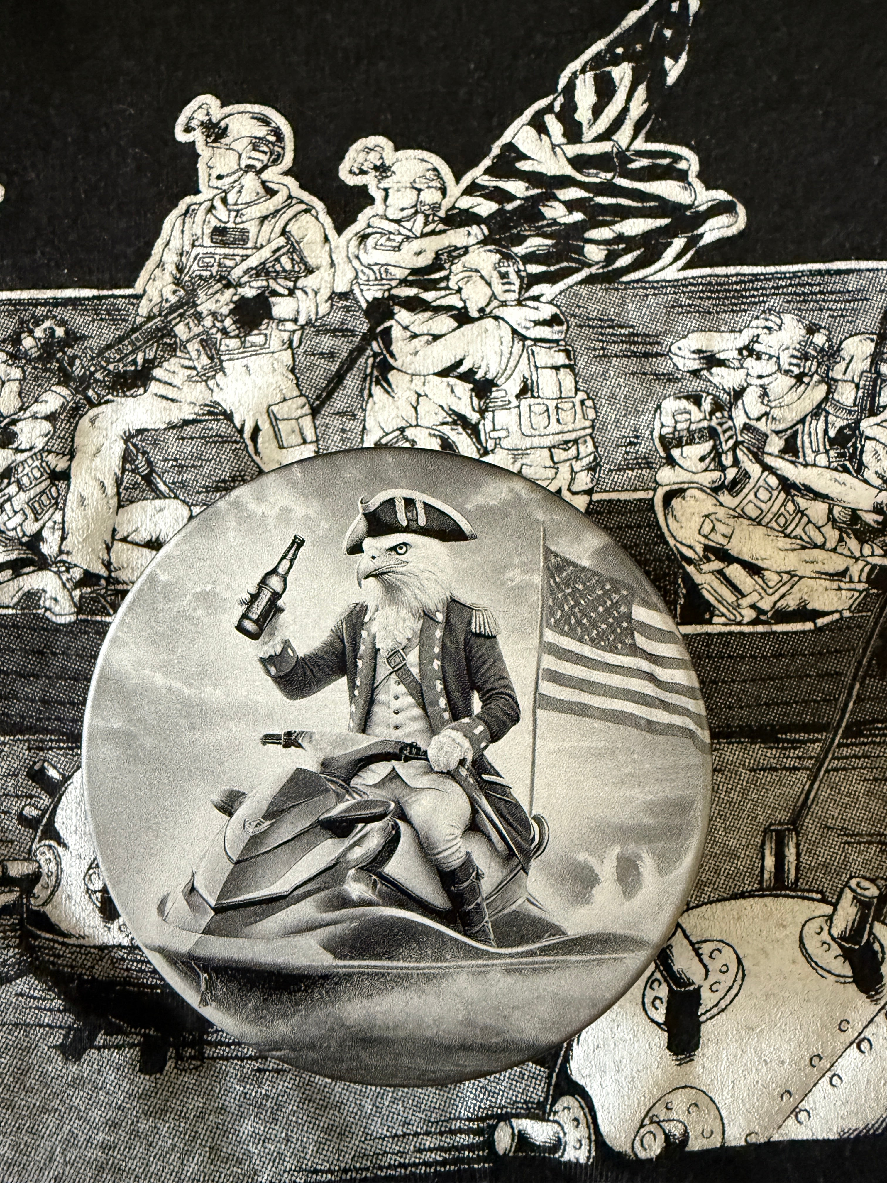 Metal Zyn Can Lid for nicotine pouches with engraved design of a patriotic revolutionary war era eagle riding a jet ski. With integrated bottle opener. 