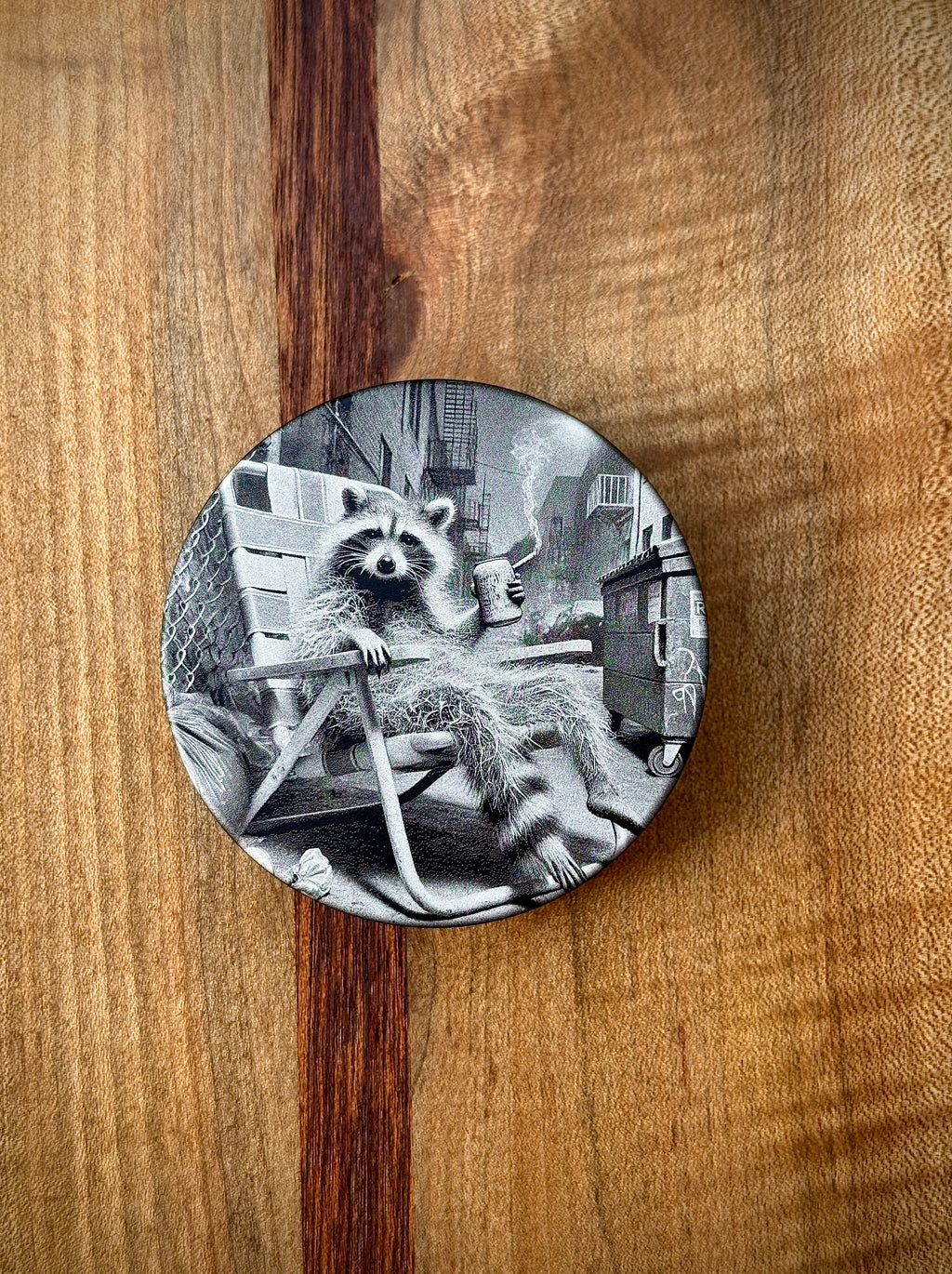 Metal Zyn Can for nicotine pouches with trashy raccoon engraved design. With integrated bottle opener. 