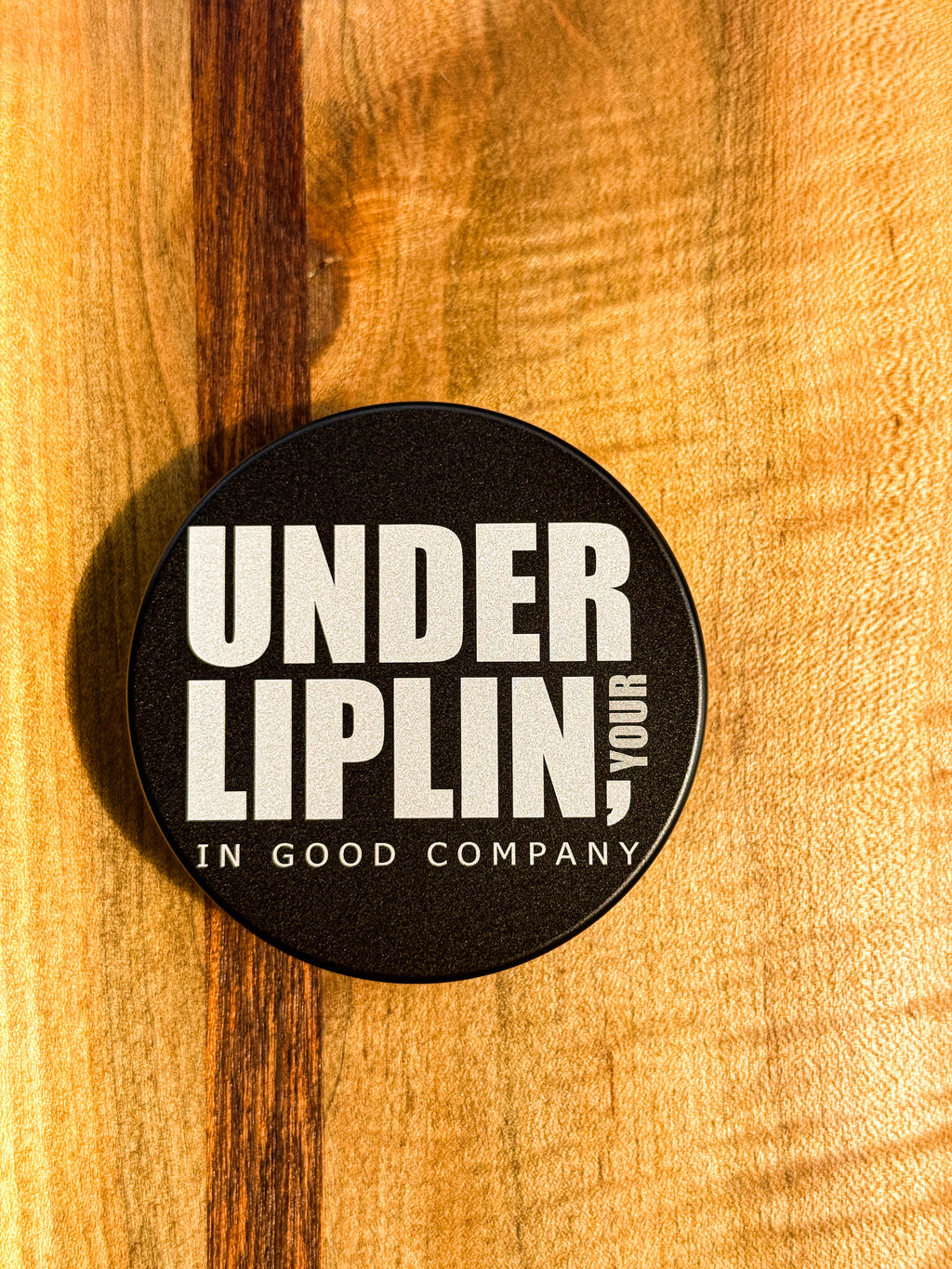 Metal Zyn Can for nicotine pouches with "under liplin" play on "Dunder Mifflin" engraved design. With integrated bottle opener. 