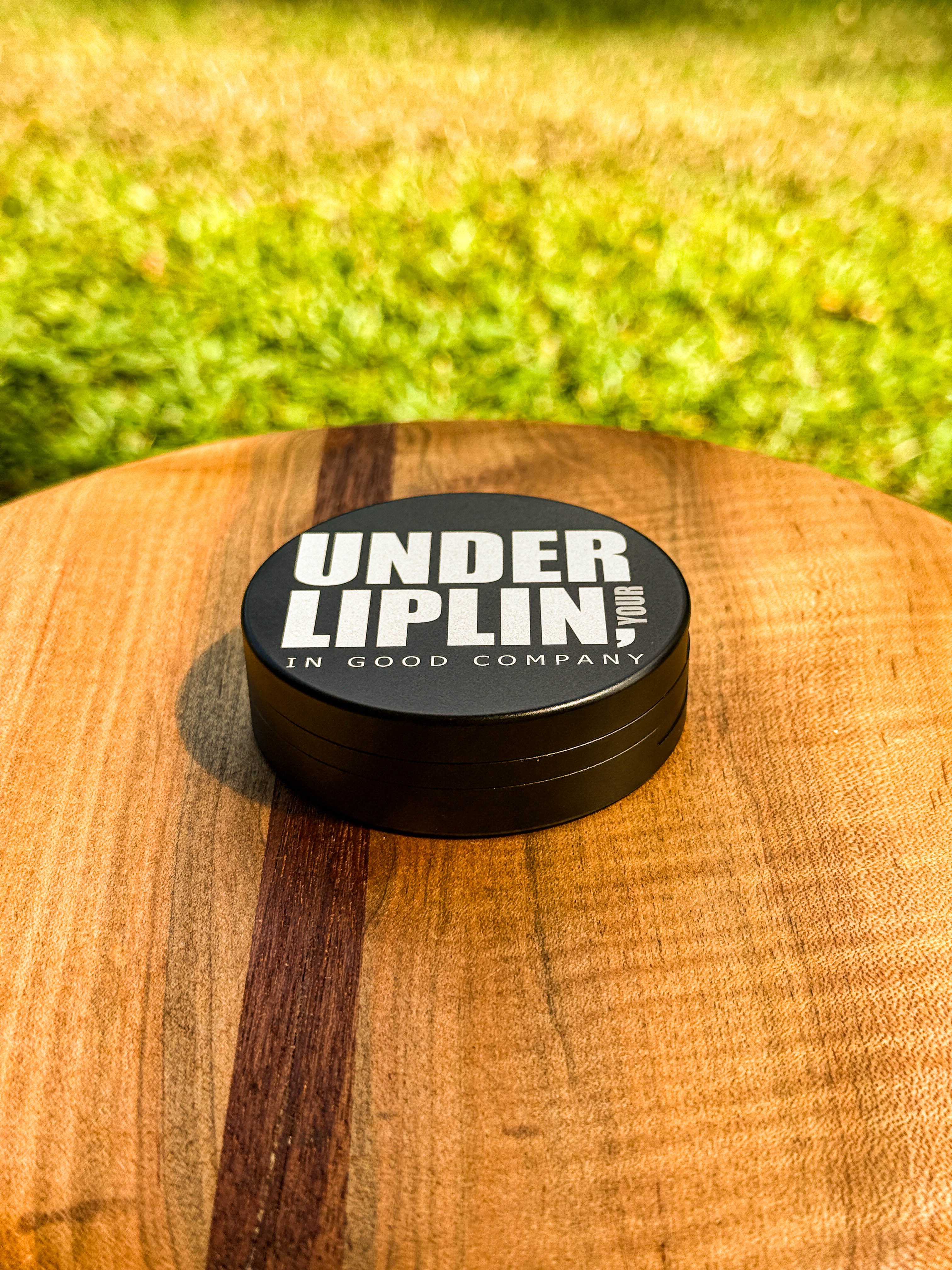 Metal Zyn Can for nicotine pouches with "under liplin" play on "Dunder Mifflin" engraved design. With integrated bottle opener. 